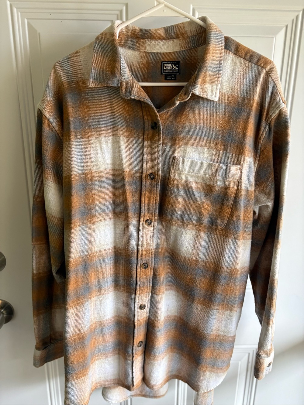 Eddie Bauer Orange, Gray & White Long Plaid Button-Down Shirt